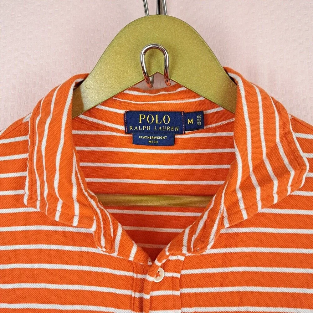 Polo Ralph Lauren Shirt Men's M Orange Striped Featherweight Mesh Short Sleeve